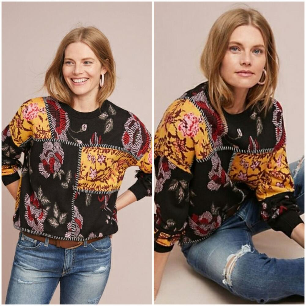 Anthropologie Laia Sweater Women XS Black Floral Tabatha Patchwork Stitch Fringe